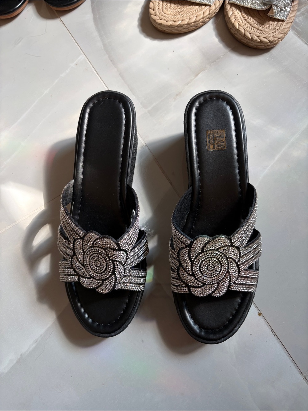 Black Slide Sandals with Silver Crystal Flower